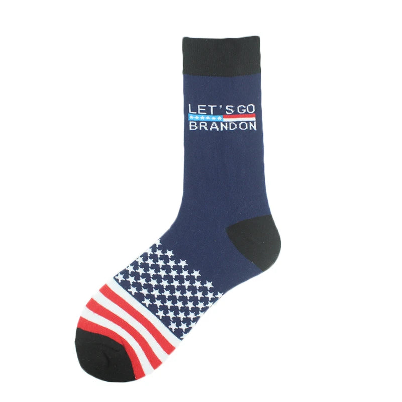 Men's President Donald Trump Socks – 'Let's Go Brandon' Novelty Crew Socks with USA Flag Design – Cotton & Polyester Casual Socks