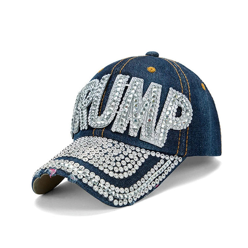 Patriotic Election Day Trump Fans Gift – Sparkle Baseball Cap with USA Flag Rhinestone Design – Denim Bling MAGA Dad Hat for 2024