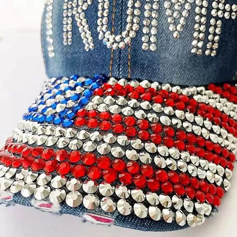 Patriotic Election Day Trump Fans Gift – Sparkle Baseball Cap with USA Flag Rhinestone Design – Denim Bling MAGA Dad Hat for 2024