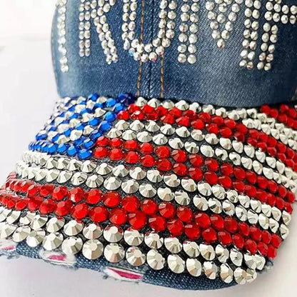 Patriotic Election Day Trump Fans Gift – Sparkle Baseball Cap with USA Flag Rhinestone Design – Denim Bling MAGA Dad Hat for 2024