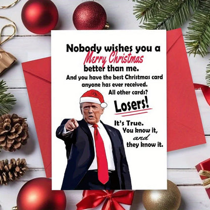 Festive Merry Christmas Card with Humor, Trump-Themed Holiday Greeting Xmas Card for Parents, Friends, and Family