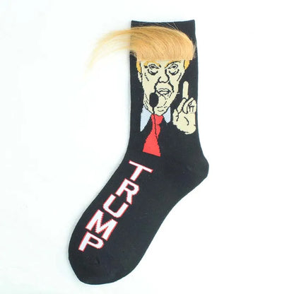 Spoof Funny Donald Trump Socks with 3D Fake Hair – Crew Socks for Men, Compression Streetwear, Hip Hop Style