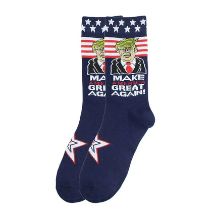 Men's President Donald Trump Socks – 'Let's Go Brandon' Novelty Crew Socks with USA Flag Design – Cotton & Polyester Casual Socks