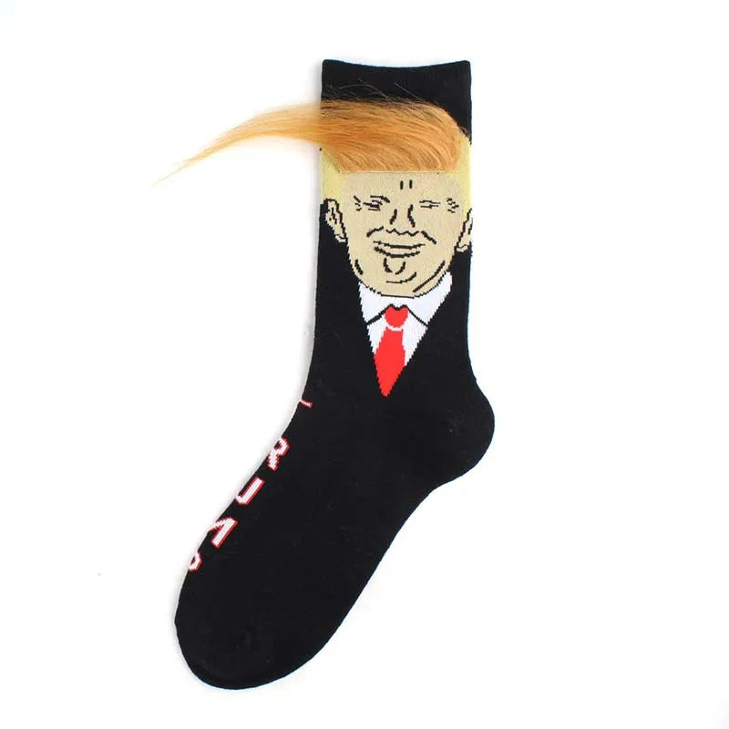 Spoof Funny Donald Trump Socks with 3D Fake Hair – Crew Socks for Men, Compression Streetwear, Hip Hop Style