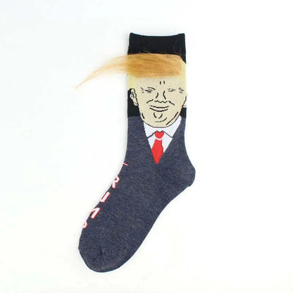 Spoof Funny Donald Trump Socks with 3D Fake Hair – Crew Socks for Men, Compression Streetwear, Hip Hop Style