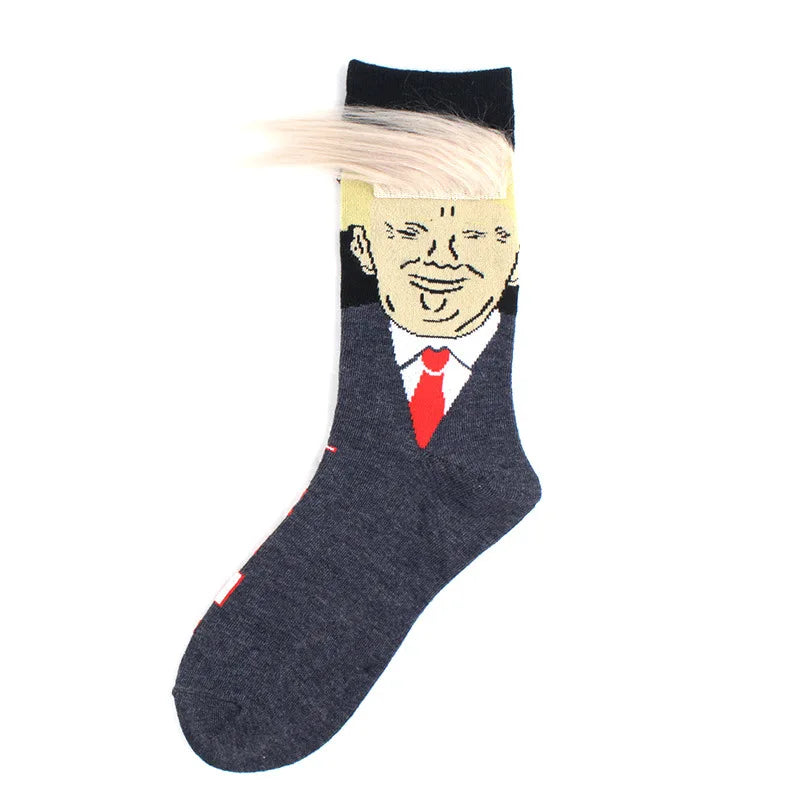 Spoof Funny Donald Trump Socks with 3D Fake Hair – Crew Socks for Men, Compression Streetwear, Hip Hop Style