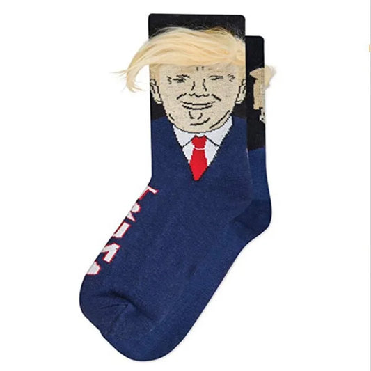 Spoof Funny Donald Trump Socks with 3D Fake Hair – Crew Socks for Men, Compression Streetwear, Hip Hop Style