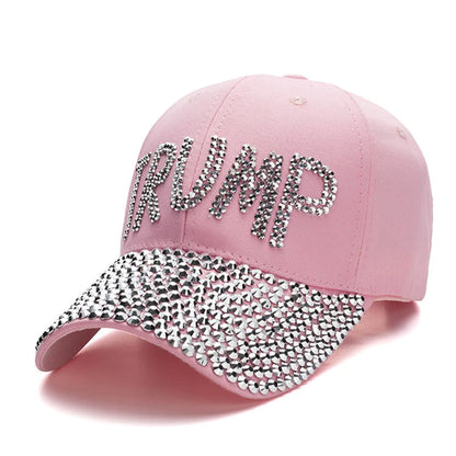 Patriotic Election Day Trump Fans Gift – Sparkle Baseball Cap with USA Flag Rhinestone Design – Denim Bling MAGA Dad Hat for 2024