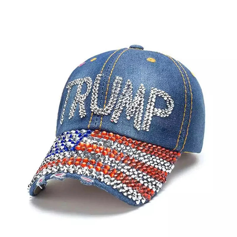 Patriotic Election Day Trump Fans Gift – Sparkle Baseball Cap with USA Flag Rhinestone Design – Denim Bling MAGA Dad Hat for 2024