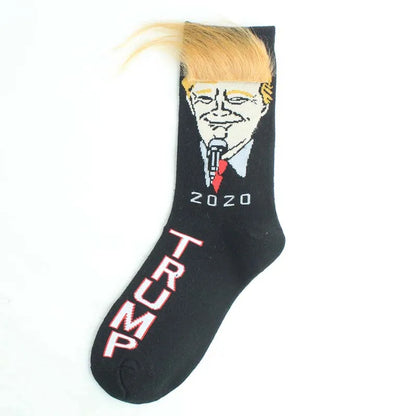 Spoof Funny Donald Trump Socks with 3D Fake Hair – Crew Socks for Men, Compression Streetwear, Hip Hop Style