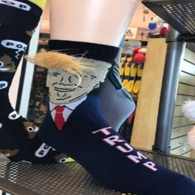 Spoof Funny Donald Trump Socks with 3D Fake Hair – Crew Socks for Men, Compression Streetwear, Hip Hop Style