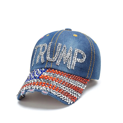 Patriotic Election Day Trump Fans Gift – Sparkle Baseball Cap with USA Flag Rhinestone Design – Denim Bling MAGA Dad Hat for 2024