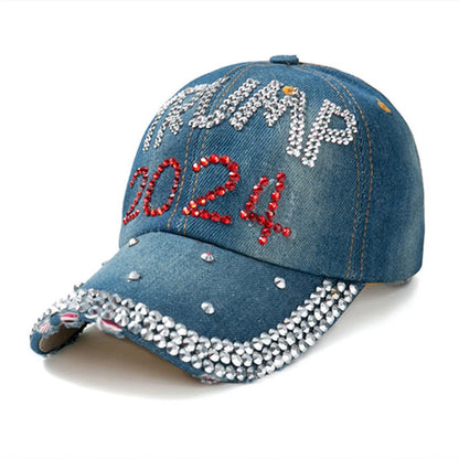 Patriotic Election Day Trump Fans Gift – Sparkle Baseball Cap with USA Flag Rhinestone Design – Denim Bling MAGA Dad Hat for 2024