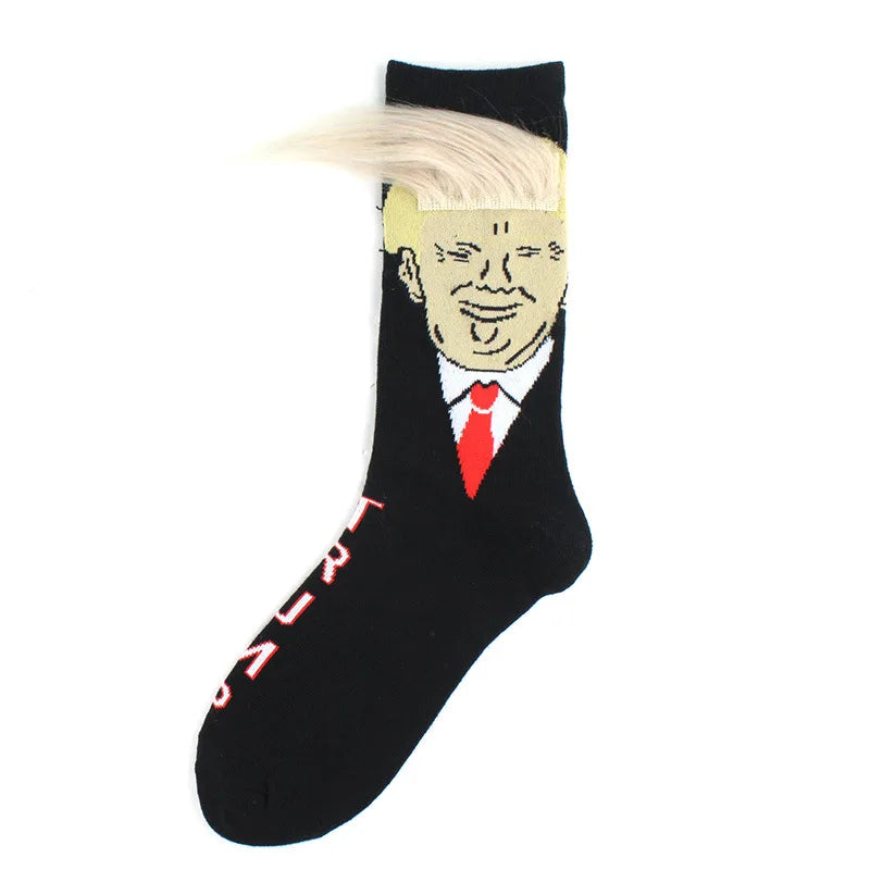 Spoof Funny Donald Trump Socks with 3D Fake Hair – Crew Socks for Men, Compression Streetwear, Hip Hop Style