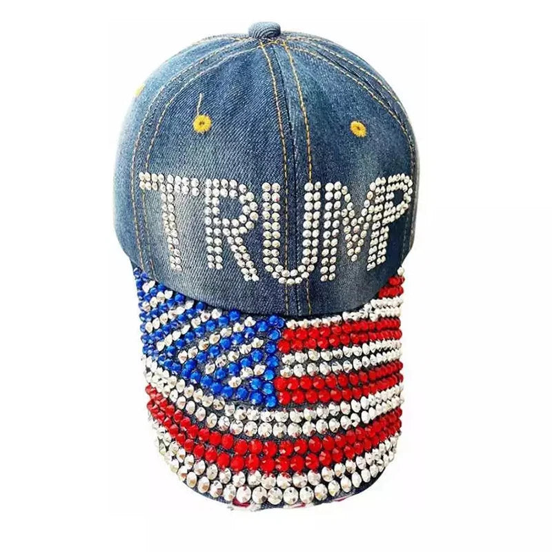 Patriotic Election Day Trump Fans Gift – Sparkle Baseball Cap with USA Flag Rhinestone Design – Denim Bling MAGA Dad Hat for 2024