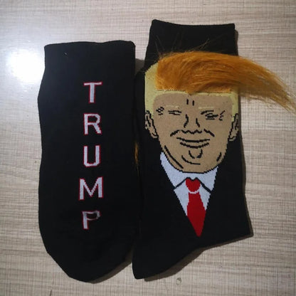 Spoof Funny Donald Trump Socks with 3D Fake Hair – Crew Socks for Men, Compression Streetwear, Hip Hop Style