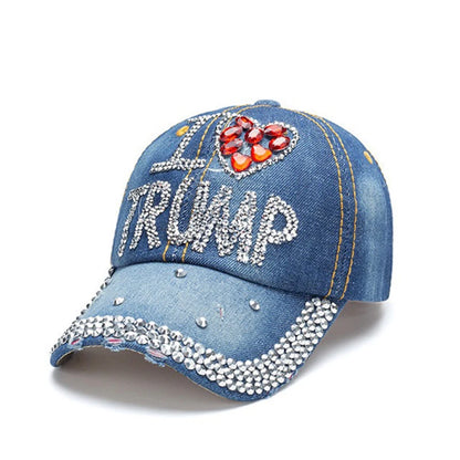 Patriotic Election Day Trump Fans Gift – Sparkle Baseball Cap with USA Flag Rhinestone Design – Denim Bling MAGA Dad Hat for 2024