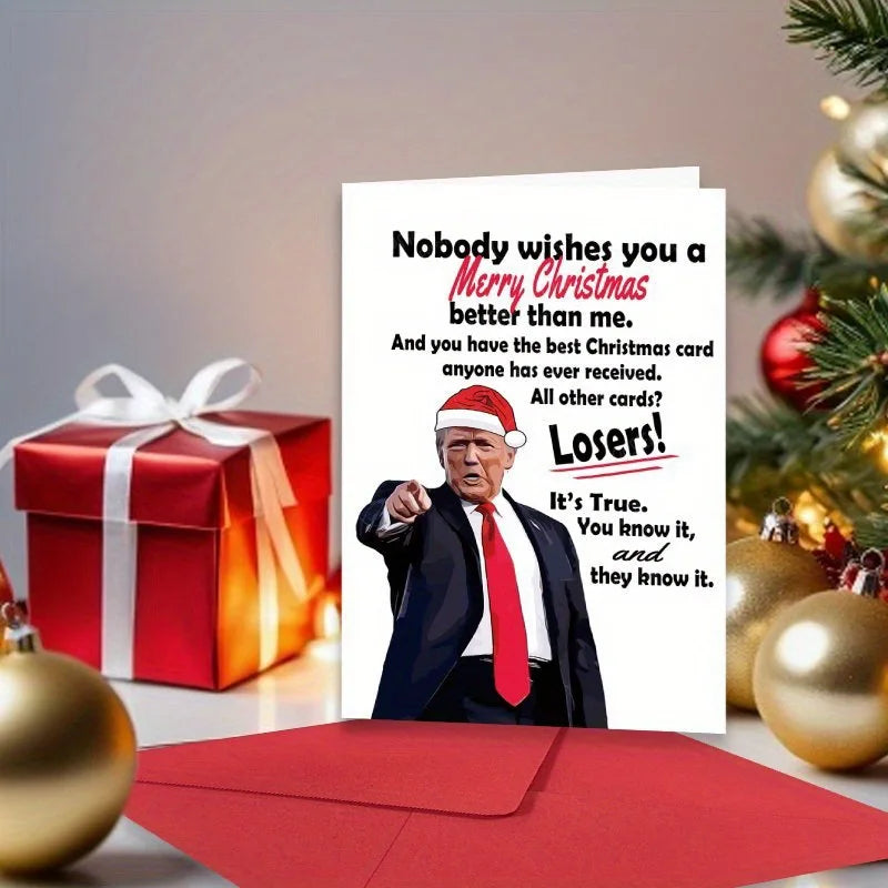 Festive Merry Christmas Card with Humor, Trump-Themed Holiday Greeting Xmas Card for Parents, Friends, and Family