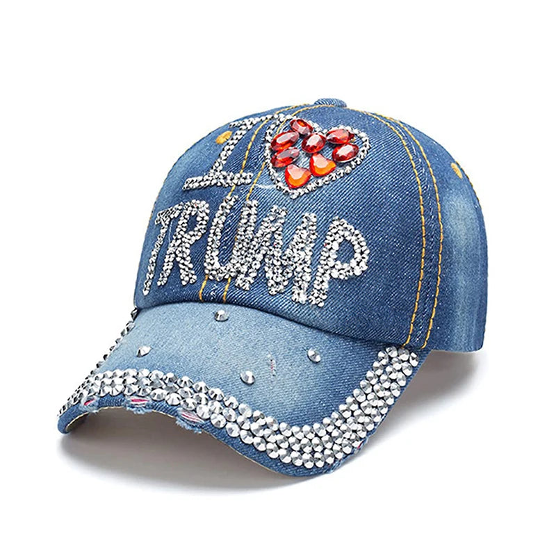 Patriotic Election Day Trump Fans Gift – Sparkle Baseball Cap with USA Flag Rhinestone Design – Denim Bling MAGA Dad Hat for 2024