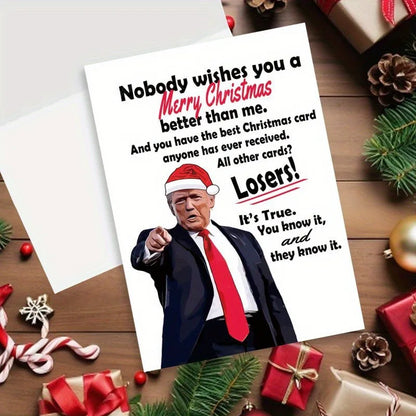 Festive Merry Christmas Card with Humor, Trump-Themed Holiday Greeting Xmas Card for Parents, Friends, and Family